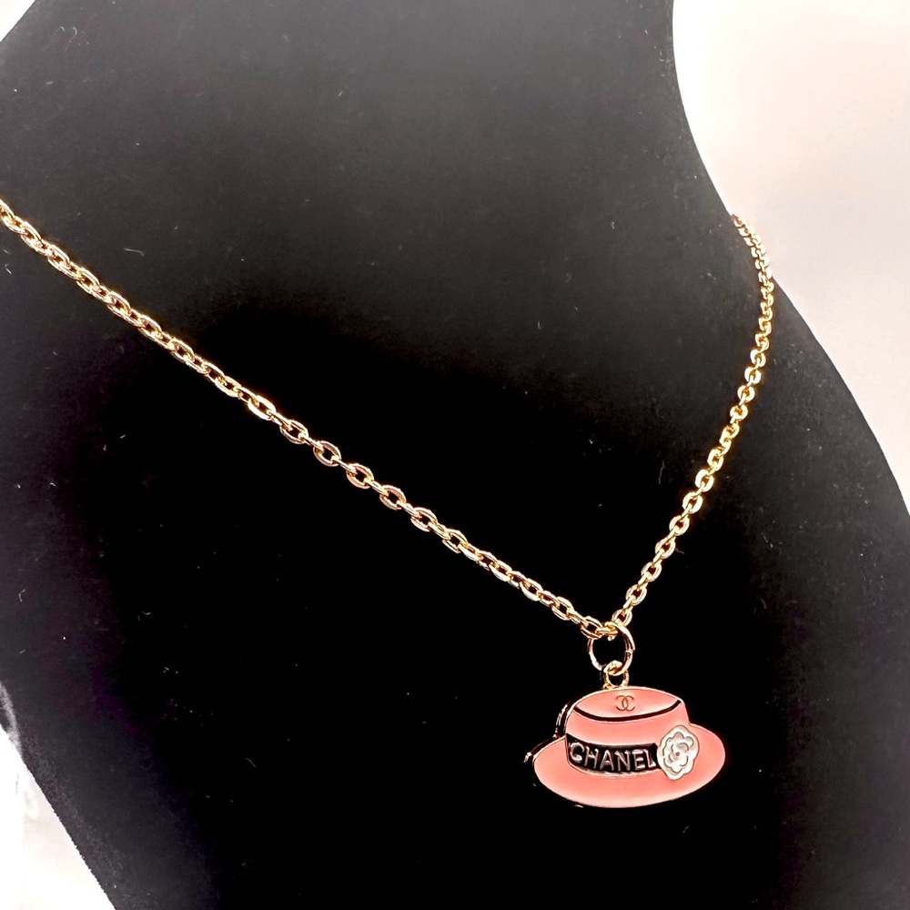 CC Gold and Pink Hat Pendant with Gold Plated Necklace - Picture 3 of 7